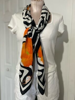 Floral Zebra Print Scarf in Black, White & Orange